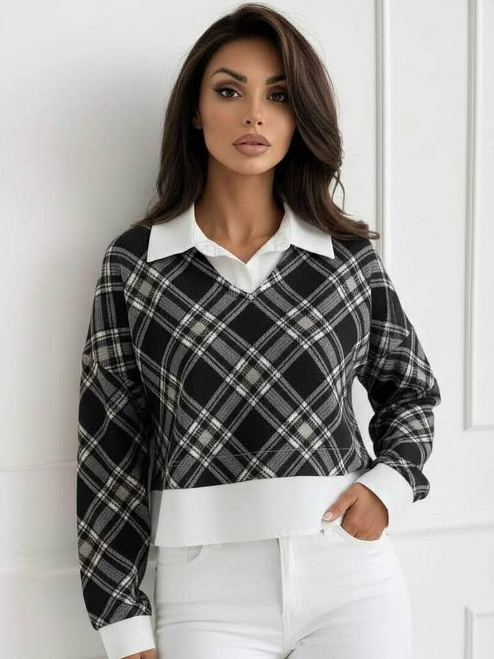 Cherie Check Print V-Neck Layered Effect Sweatshirt Top-Black for wholesale by Catwalk Wholesale