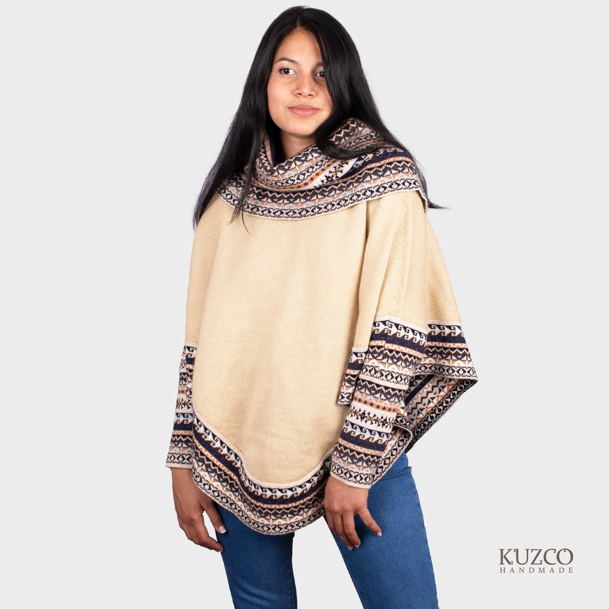 KuzcoHandmade - Wholesale Poncho - Women's - Alpaca Cowl Neck Poncho with Ethnic Pattern, Elegant & Cozy2