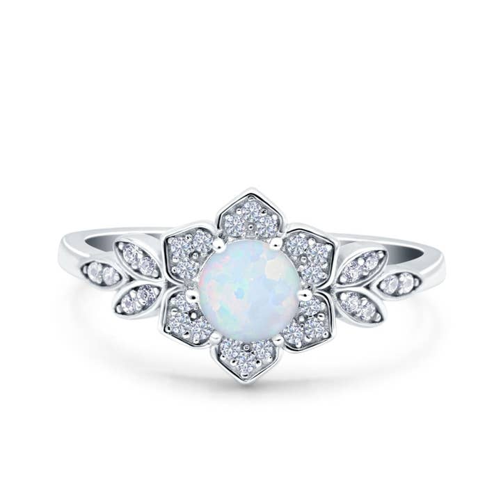 Halo Cluster Floral Wedding Ring Round Lab Created White Opal for wholesale by Blue Apple Imports