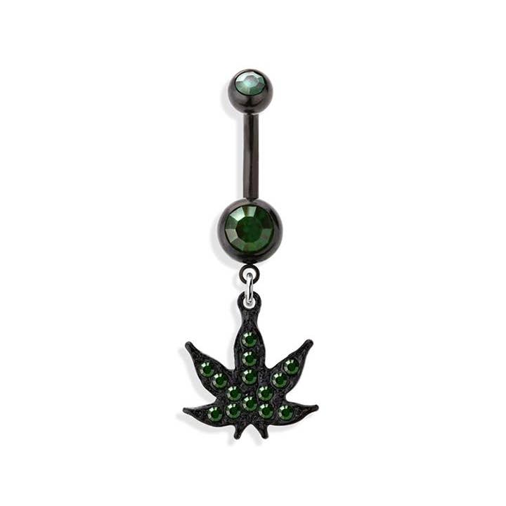 CRAVE BODY JEWELRY - Wholesale Belly Ring - GREEN MARIJUANA POT LEAF DANGLE NAVEL RING