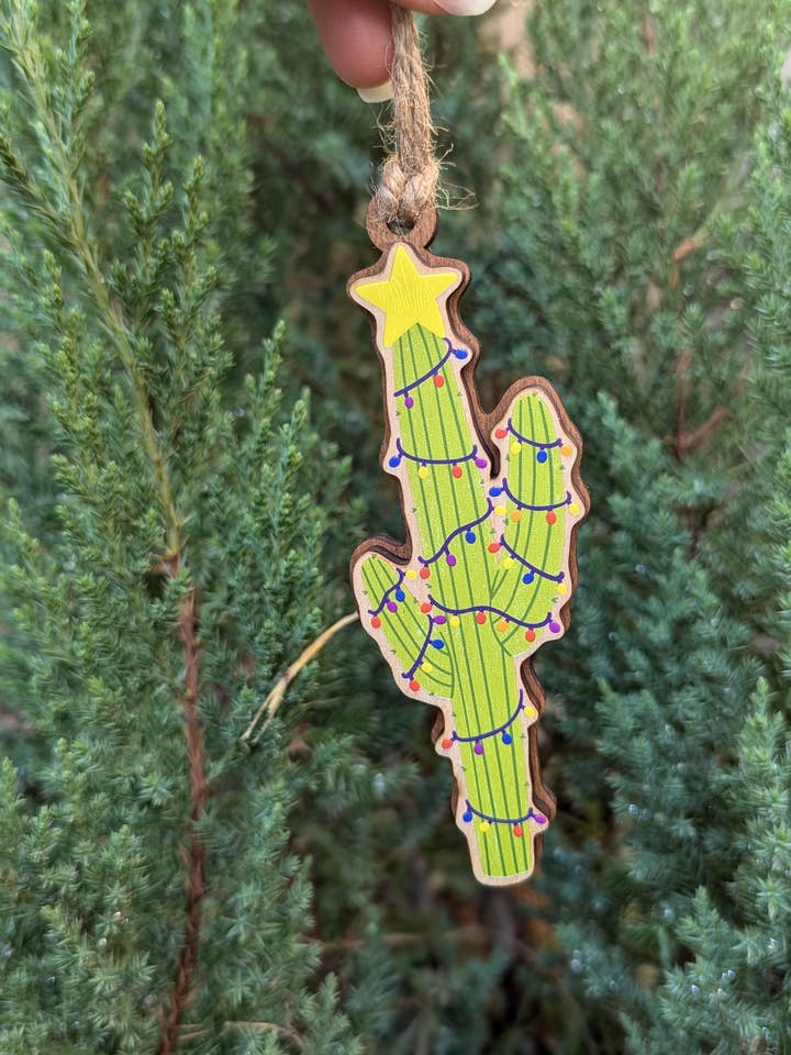 Cactus Christmas Ornament with lights and a Star, desert succulent for wholesale by The Little Ornament Shop