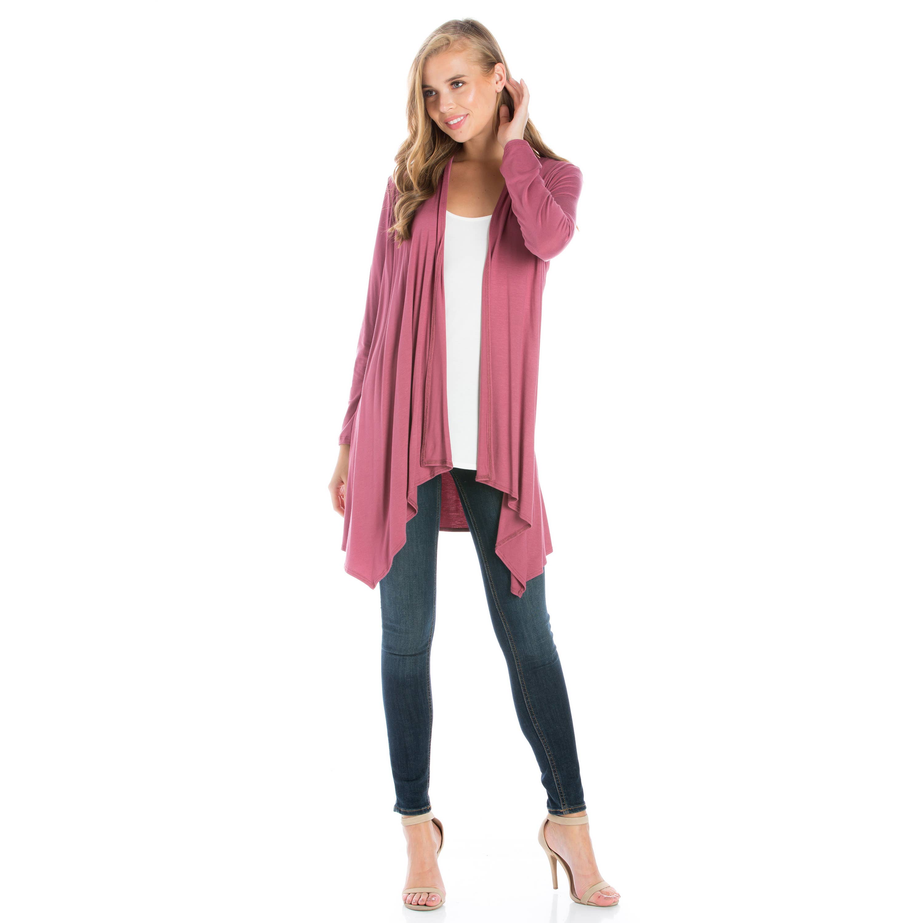 Azules Clothing – Großhandel Strickjacke – Damen – AJK-3006RS Langärmeliger Cardigan mit offenem Vorderteil und Wasserfallausschnitt16