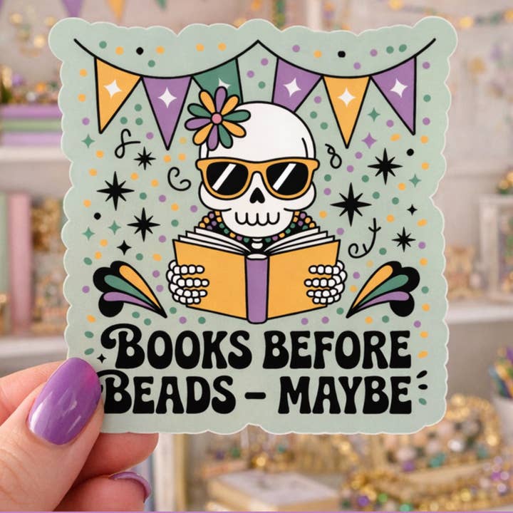 Mardi Gras Bookish Sticker for wholesale by Auburn Row Design
