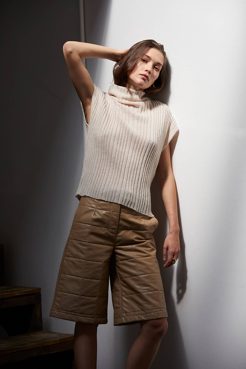 BEIGE CP8184 - Amanda Vegan Pu Leather Bermuda Quilted Shorts for wholesale on Faire8