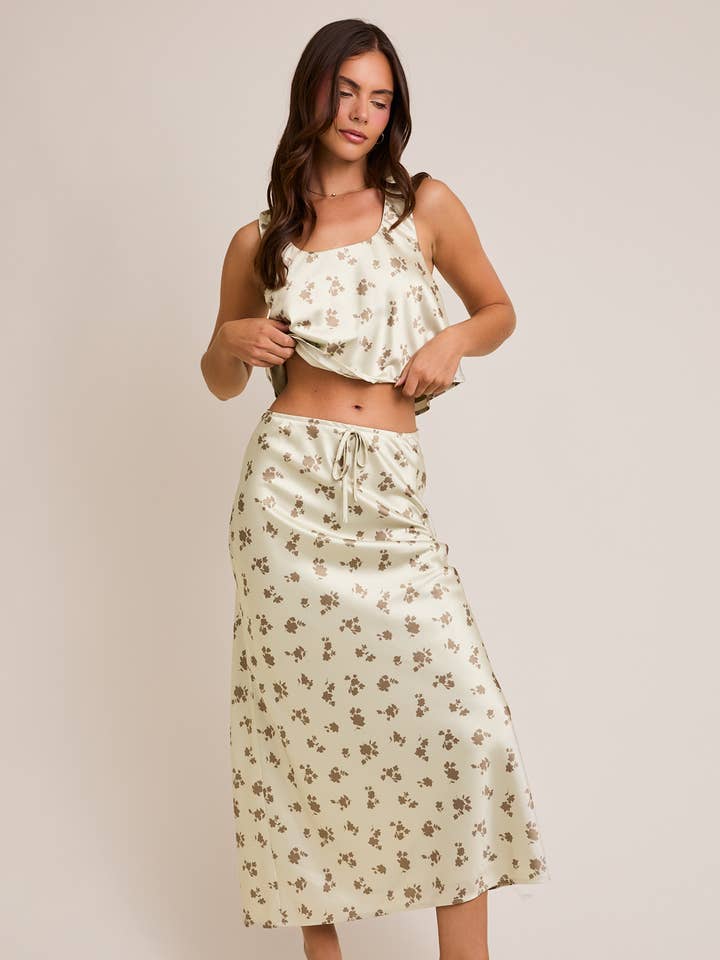 SAGE DK SAGE FLORAL SQUARE NECK SATIN TOP WITH HIGH WAISTED MIDI SKIRT for wholesale on Faire0
