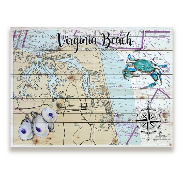 Virginia Beach, VA 18x24 Wood Pallet Map-Crab & Oyster for wholesale by Map Mom