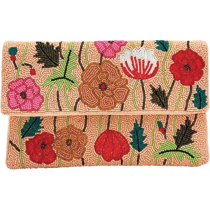 PEACH FLOWER BEADED CLUTCH for wholesale by Pizzazz, Inc.