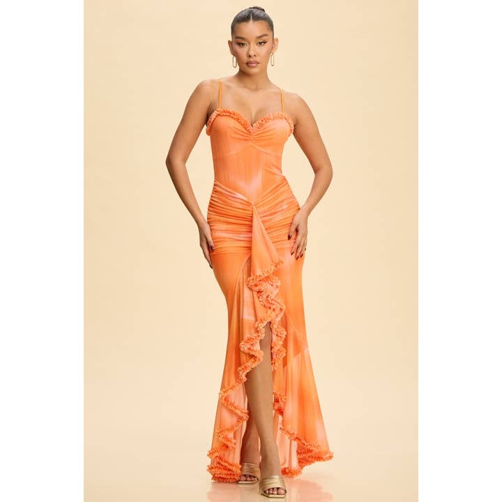 PRINT MESH RUFFLE HIGH & LOW COCKTAIL DRESS for wholesale by Luxxel