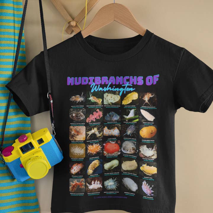 I LOVE NUDIS - Wholesale Screen Printed T-Shirt - Kids - I LOVE NUDIS™ Nudibranchs of Washington Black Kids Softstyle Tee with Photos & Common/Scientific Names