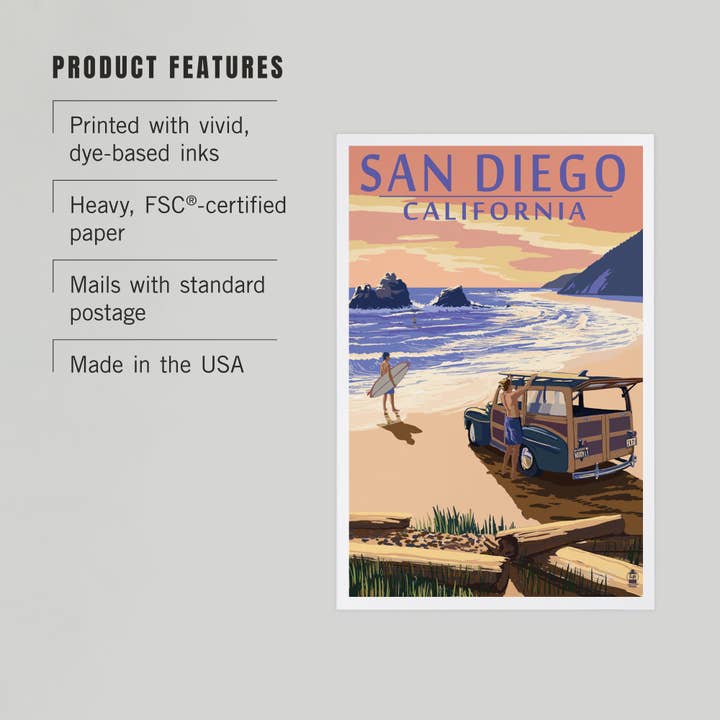 Lantern Press - Wholesale Postcard - PREMIUM POSTCARDS San Diego, California, Woody on Beach 22