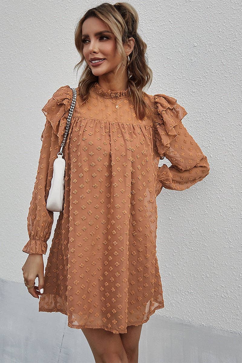 Supreme Fashion - Wholesale Dress - Women's - Swiss Dot Ruffled Sleeve Mock Neck Loose Dress0