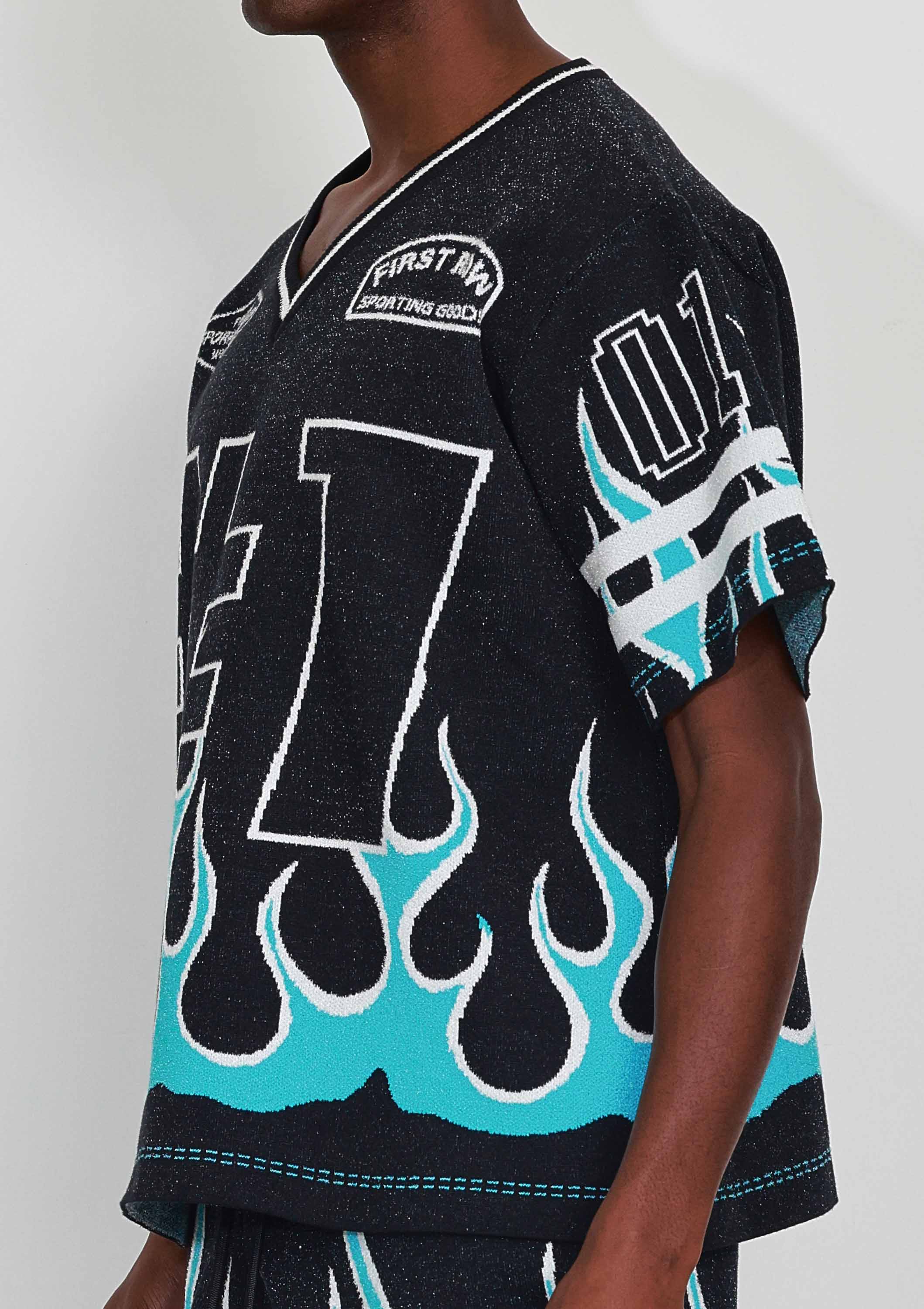 Black FLAME VARSITY JACQUARD KNIT TEE for wholesale on Faire4