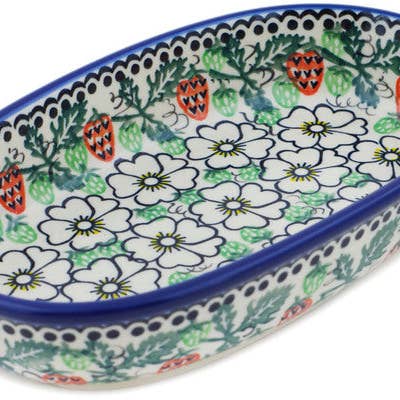 Boulanger ovale de 8 po sur le thème des fraises et de la crème UNIKAT pour la vente par Polmedia Polish Pottery