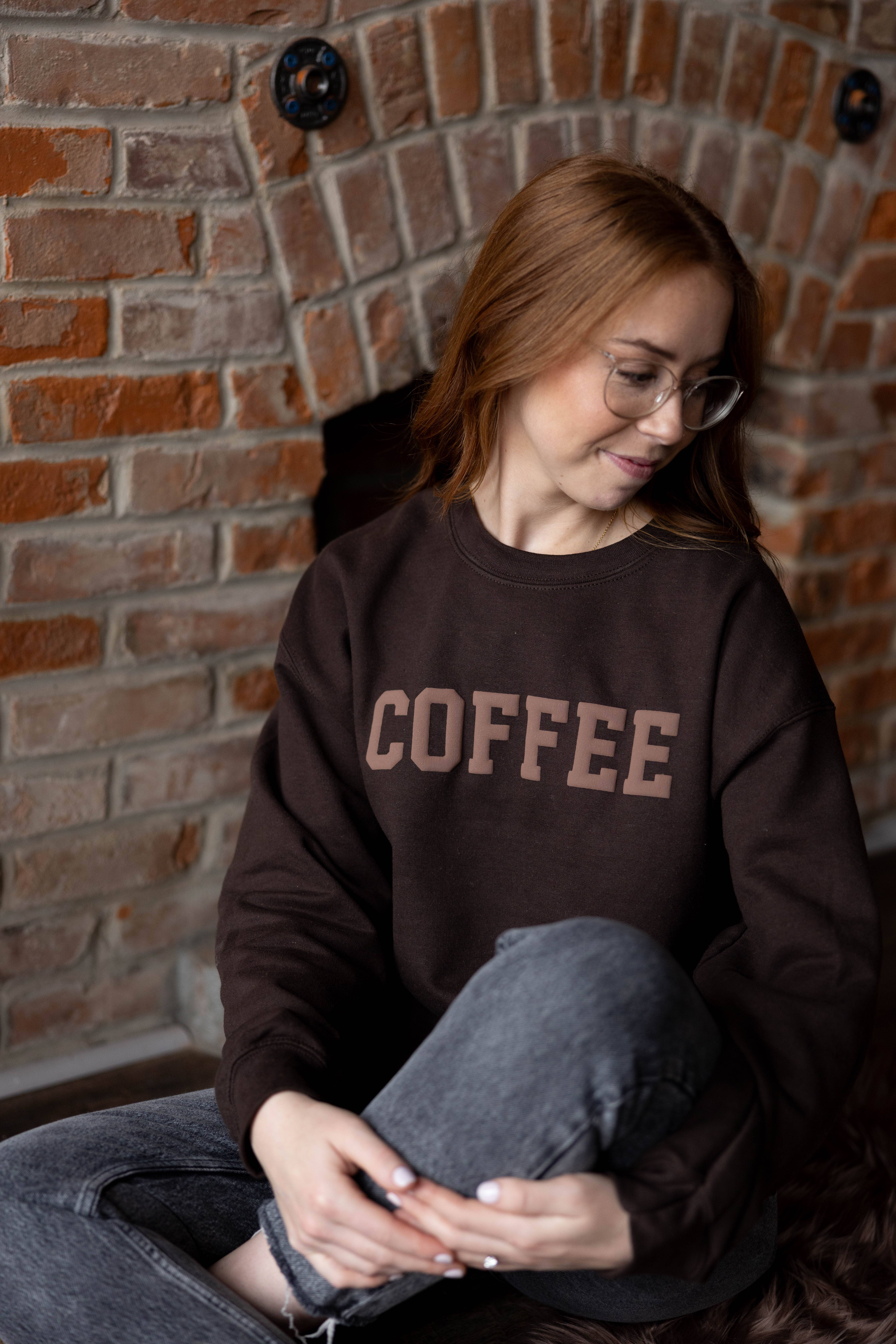 Women's Coffee Embossed Sweatshirt Puff Text Brown Sweater for wholesale on Faire