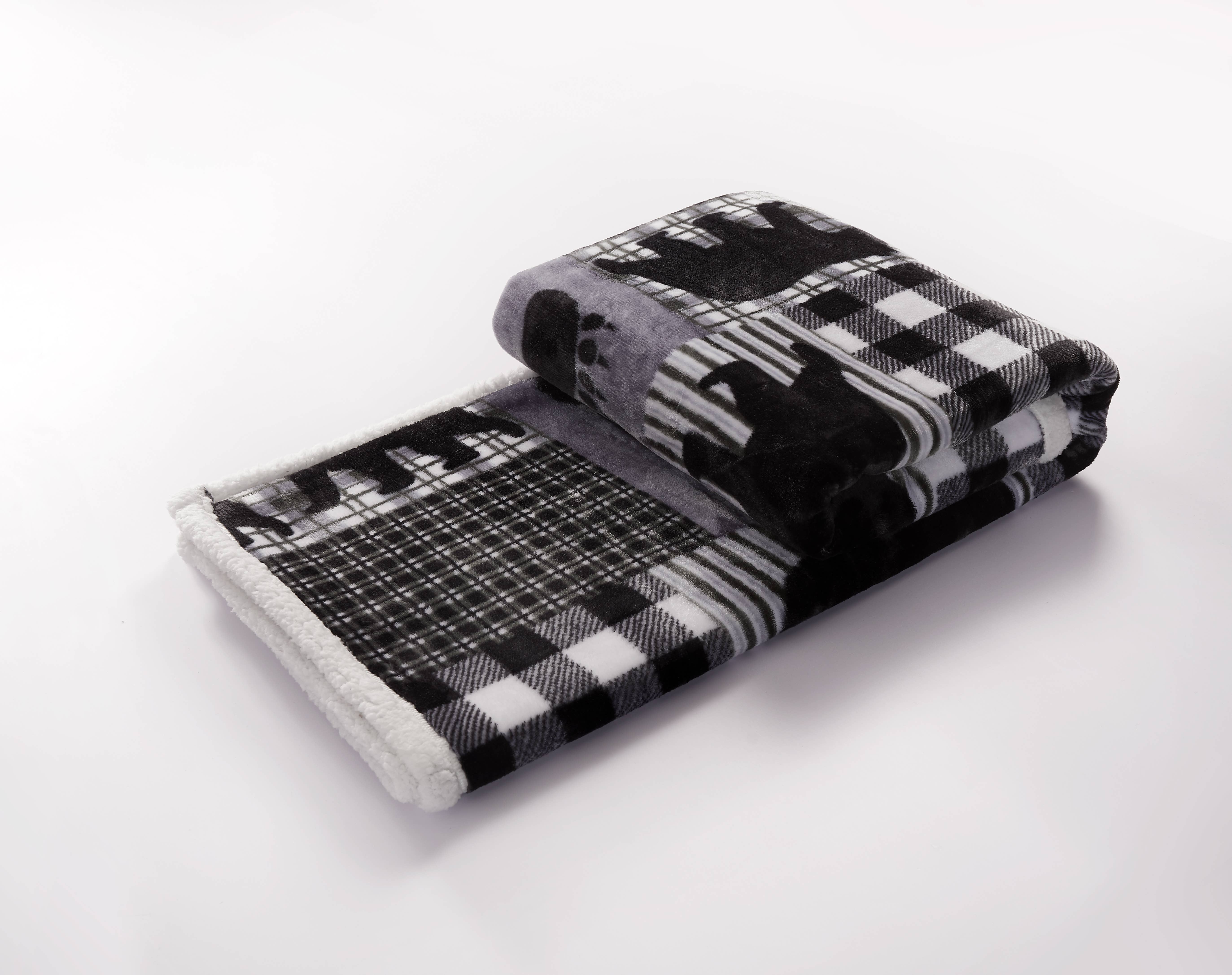 Duke Imports - Wholesale Throw Blanket - "Black Bear Plaid Gray" Flannel Sherpa Throw Blanket 50"x60"4