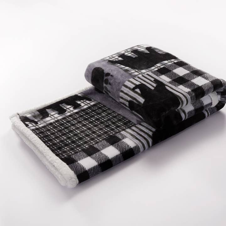 Duke Imports - Wholesale Throw Blanket - "Black Bear Plaid Gray" Flannel Sherpa Throw Blanket 50"x60"4