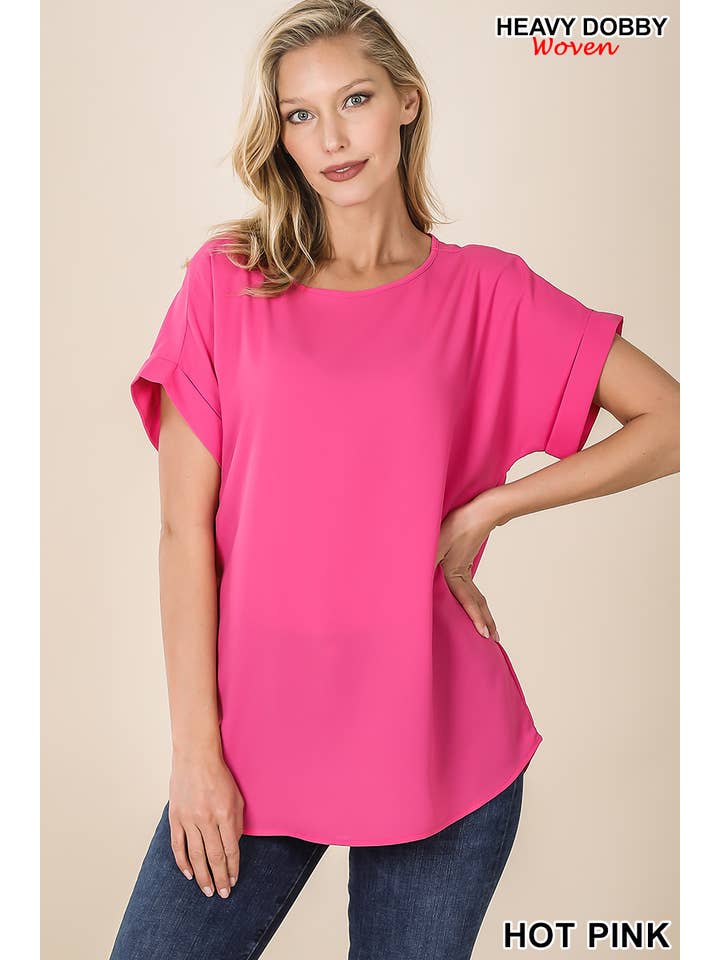 42POPS - Wholesale Blouse - Women's - "...._ SI-15944 WOVEN HEAVY DOBBY ROLLED SLEEVE BOAT NECK TOP