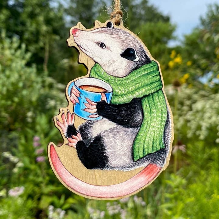 Cozy Opossum with Mug Wood Print Christmas Ornament for wholesale by Allison Stoiser Art