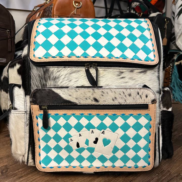 Teal Checkered Tooled Leather Cowhide Backpack Diaper Bag for wholesale by Sunshine Home Textile