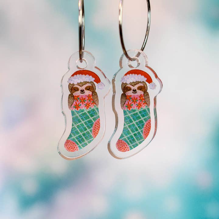 Paper Pattern Silk - Wholesale Dangle Earrings - Sloth in a Christmas Stocking Holiday Earrings0