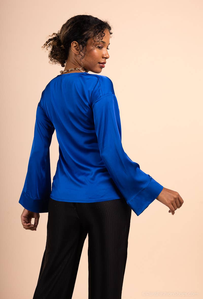 You Udress – Großhandel Tunika – Damen – Solide Satin-Tunika mit V-Ausschnitt und langen, ausgestellten Ärmeln5