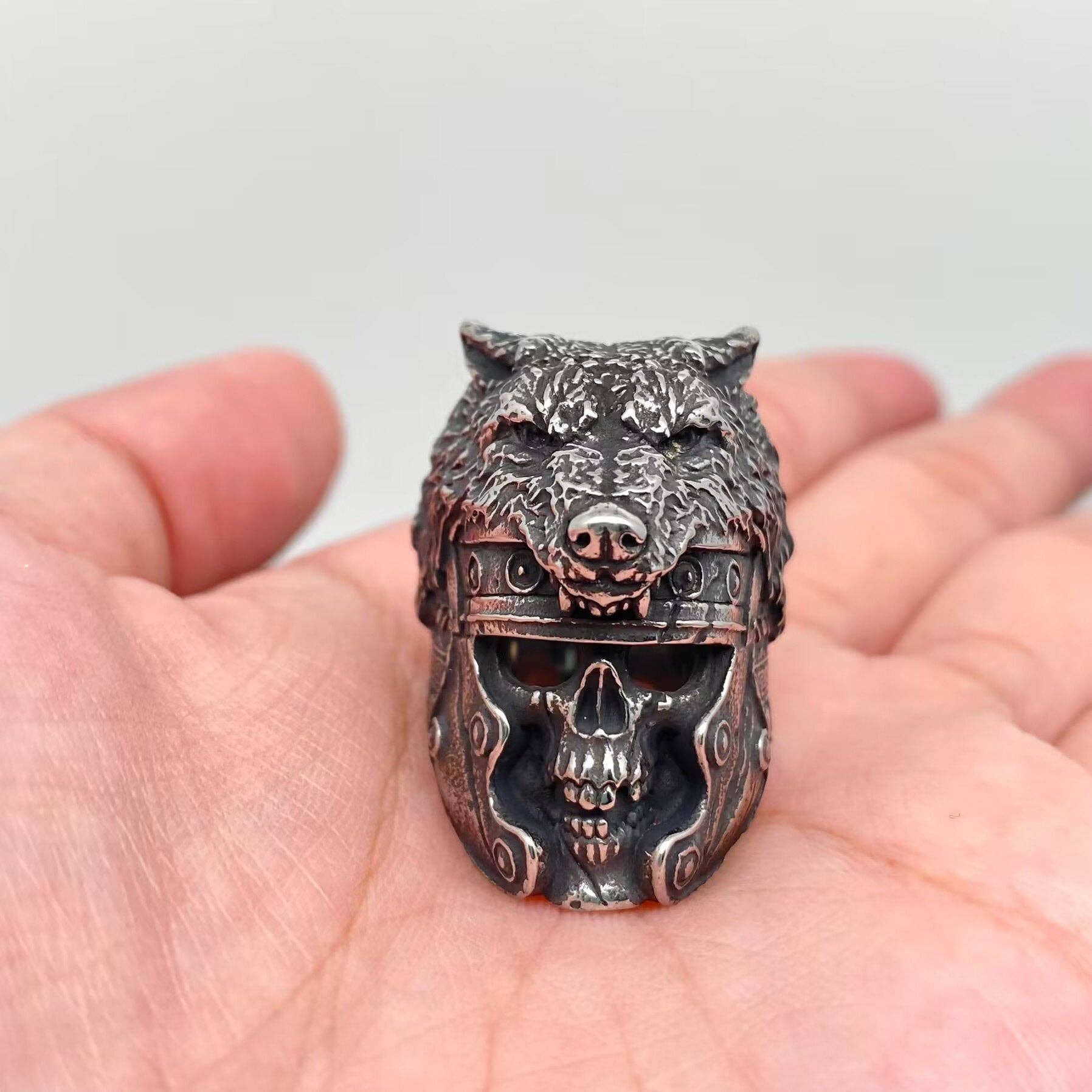 Mio Queena - Wholesale Cocktail/Statement Ring - Viking Skull Wolf Head Helmet Stainless Steel Ring - MJ/MR1