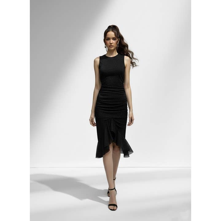 ITY GLITTER RUCHED MIDI DRESS WITH RUFFLE HEM for wholesale by CEFIAN FASHION