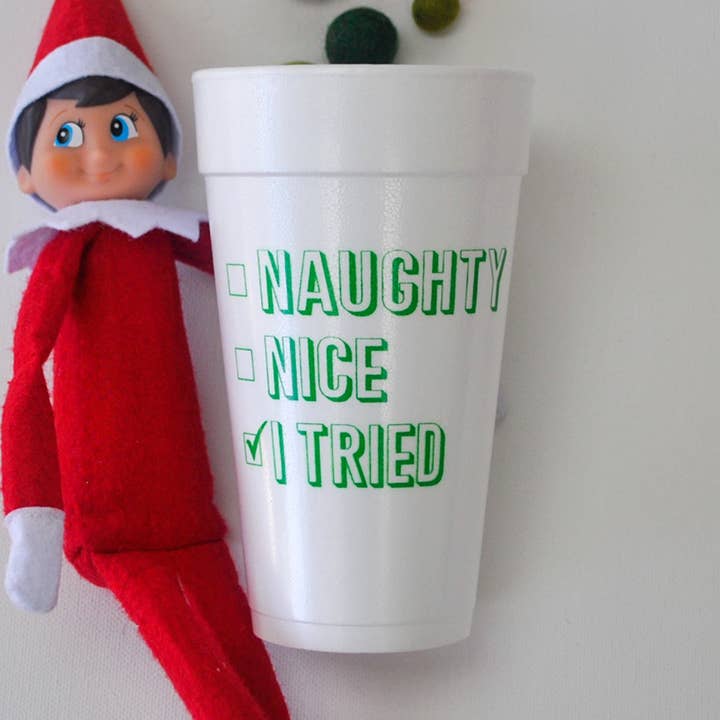 Green Naughty, Nice, I Tried 20oz. Foam Cups | 10 pack for wholesale by Gatherings by Curated Paperie
