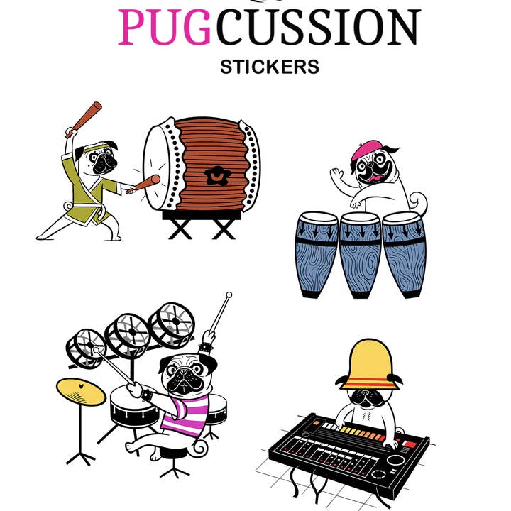 PUGCUSSION pugs & drums sticker sheet for wholesale by Lili Chin Art