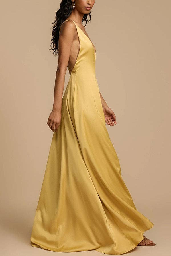 Gold 2025 NEW Summer Sexy Satin Backless VNeck Maxi Dress for wholesale on Faire4