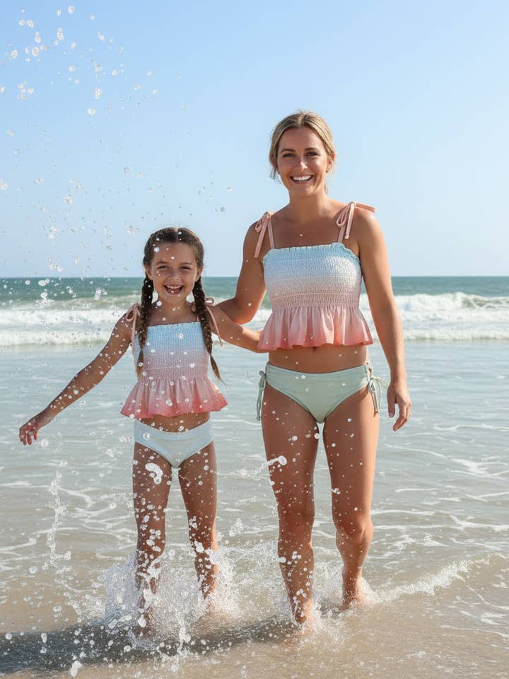 Women’s Smocked Tankini Set (peach ombre) for wholesale by Indie Blue