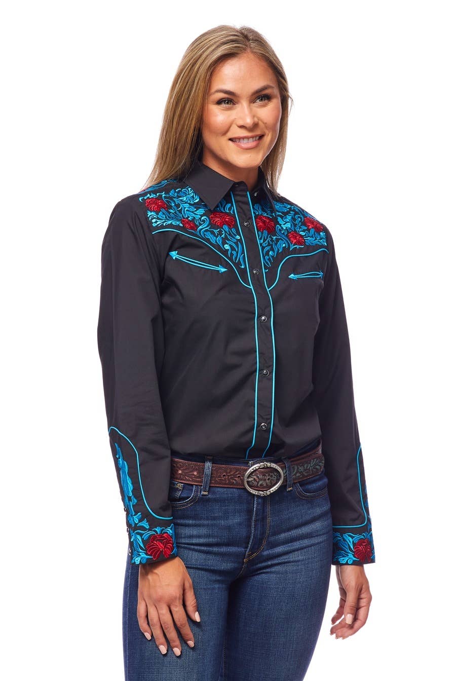 Rodeo Clothing - Vente Chemise à col boutonné – femme - Robe brodée à manches longues d'inspiration western pour femmes53