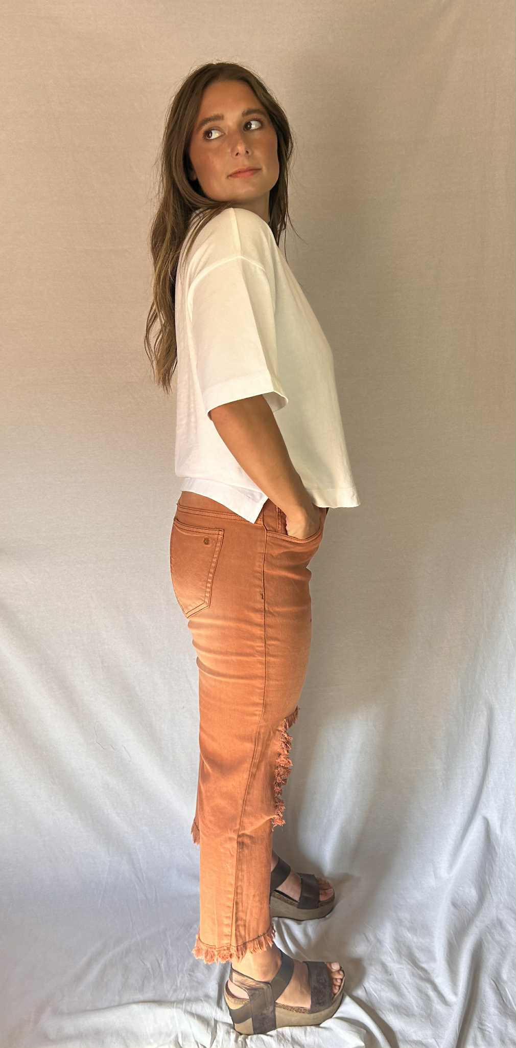 Distressed Fringe Capri Mocha Mousse for wholesale on Faire3