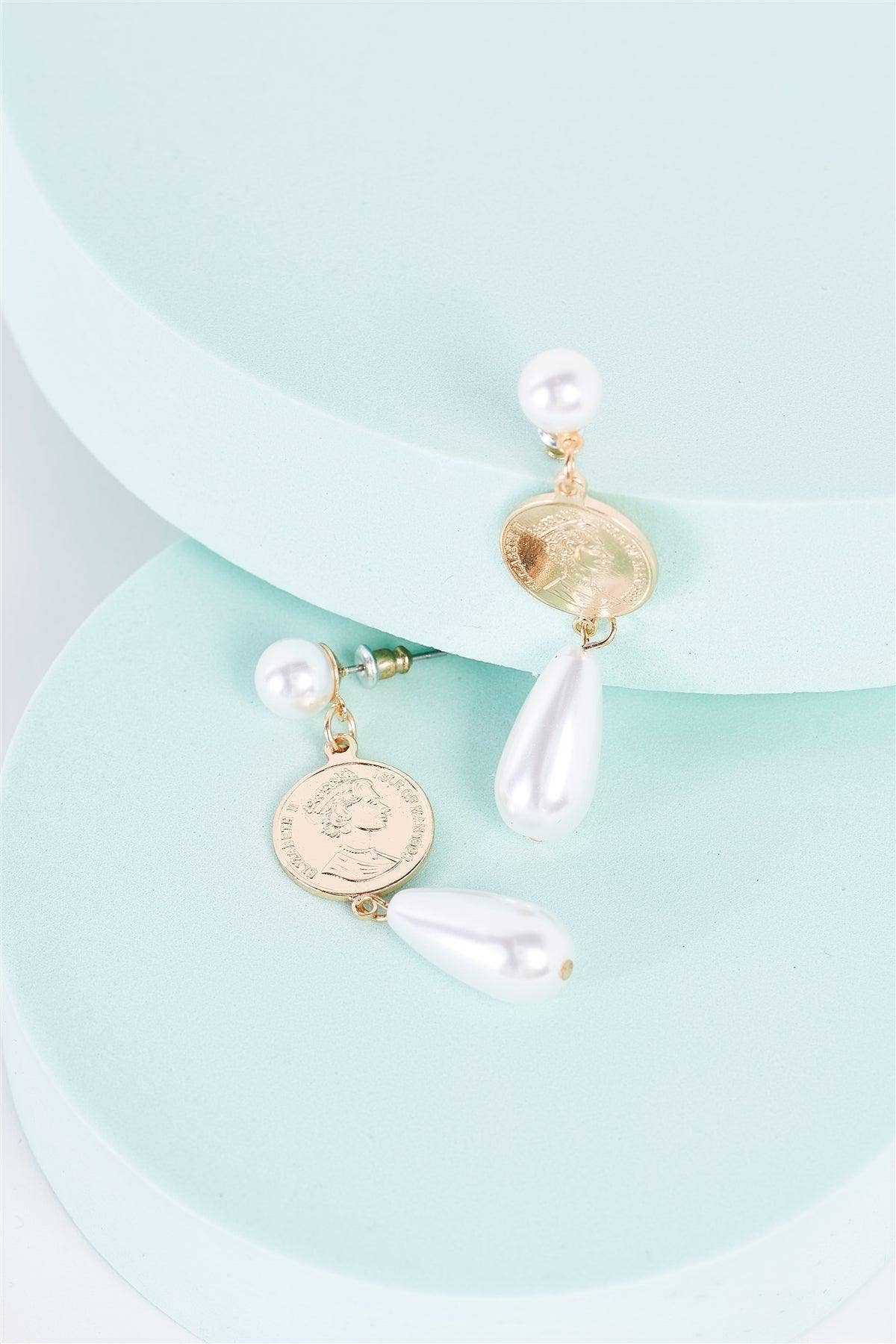 Gold Mexican Peso Coin & Pearl Drop Earrings for wholesale on Faire