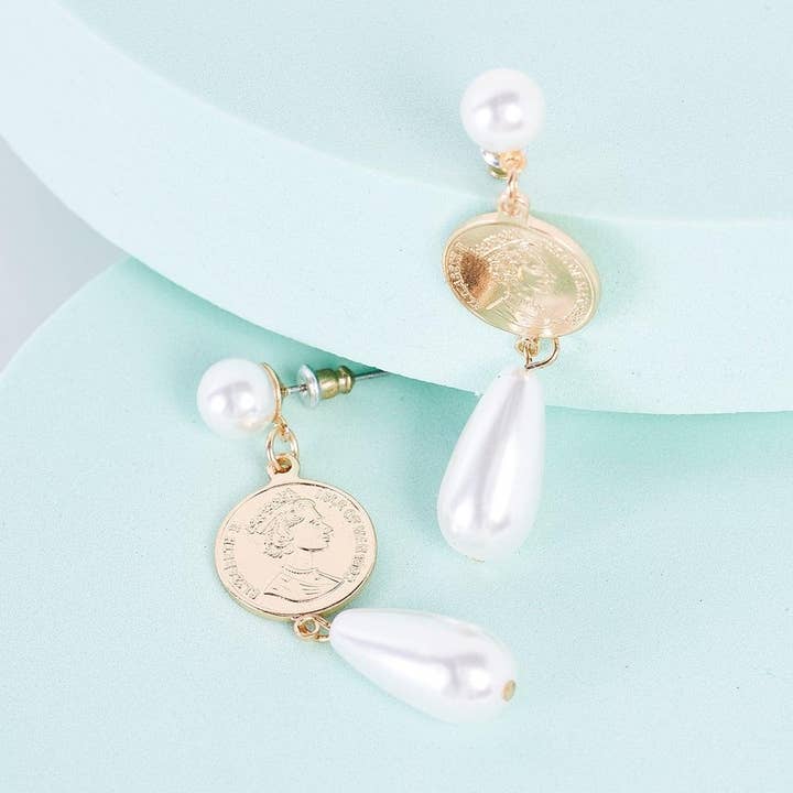Gold Mexican Peso Coin & Pearl Drop Earrings for wholesale on Faire0