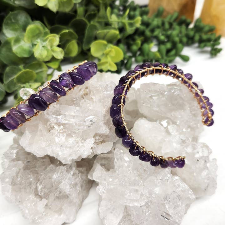 Meraki Gemstones - Wholesale Cuff Bracelet - Amethyst Bangle/Cuff/Wire Wrapped Bracelet-18kt.Gold Overlay