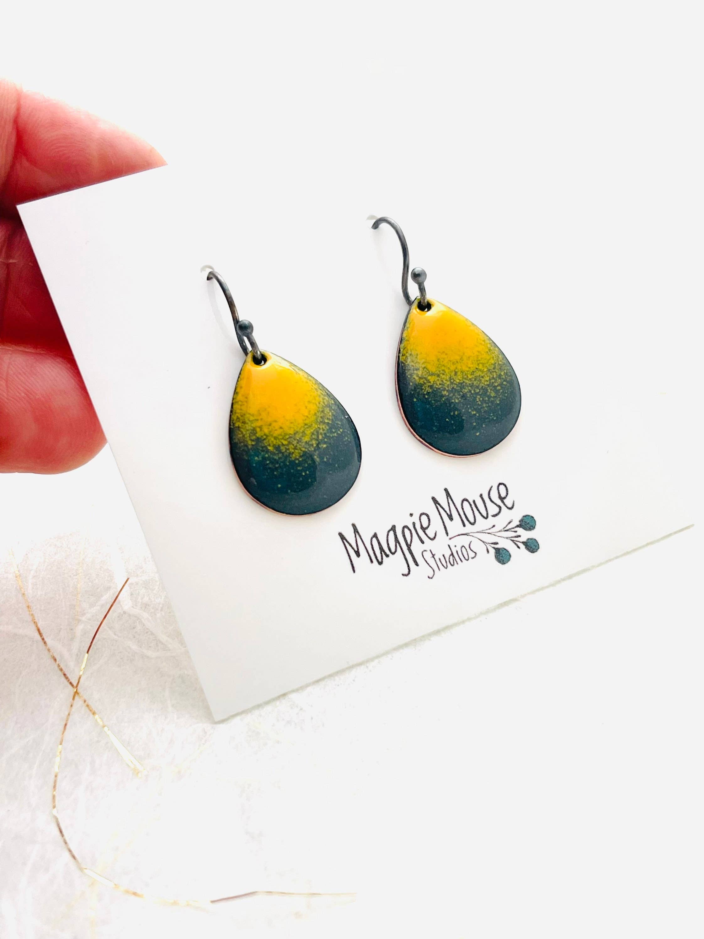 Magpie Mouse Studios – wholesale Dangle earrings – Small Teardrop Earrings, Dark Gray and Yellow Enamel 3