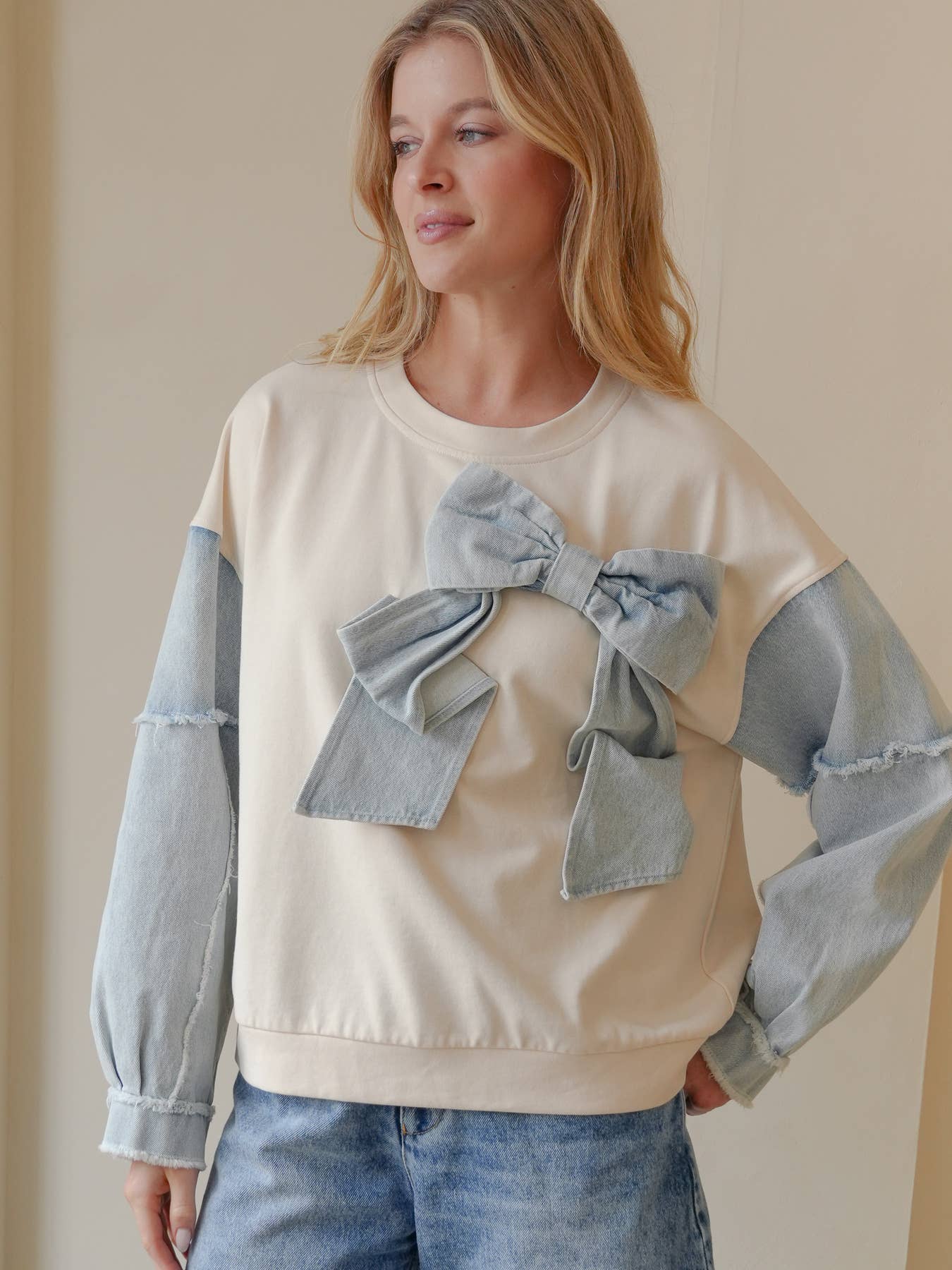 TRENDILITY - Wholesale Sweatshirt - Women's - TR2027-04_Mineral Washed Denim Bow Sweatshirt Top6