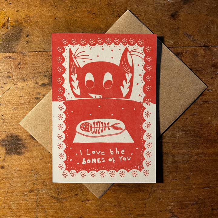 'I Love The Bones ' | Folk | Cat | Love A6 Greetings Card for wholesale by Rebecca Joy Ltd