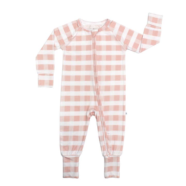 Pink Gingham Bamboo Convertible Footie Romper for wholesale by Emerson and Friends
