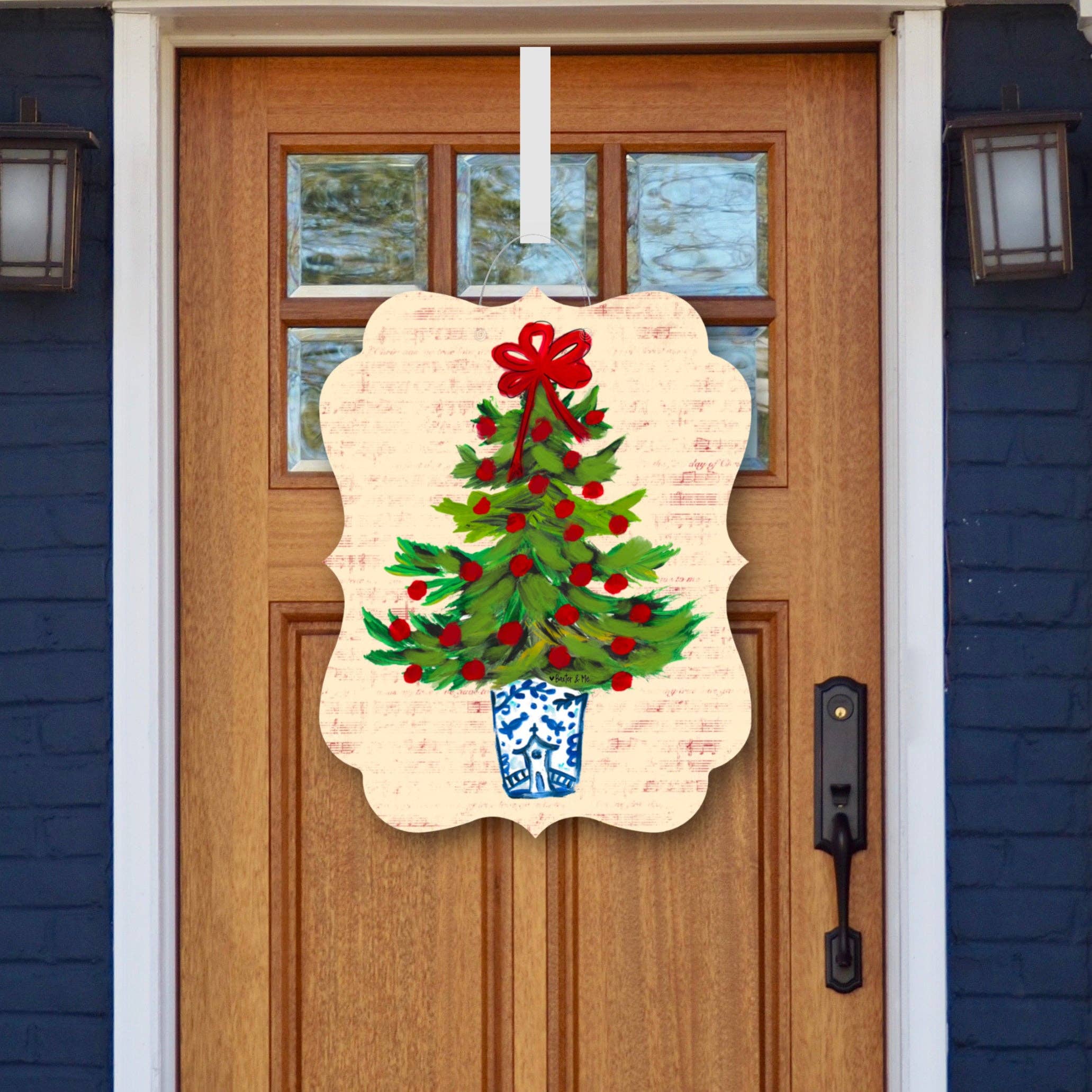 Baxter & Me - Wholesale Door Hanger - Blue Willow Red Ribbon Tree Door Hanger