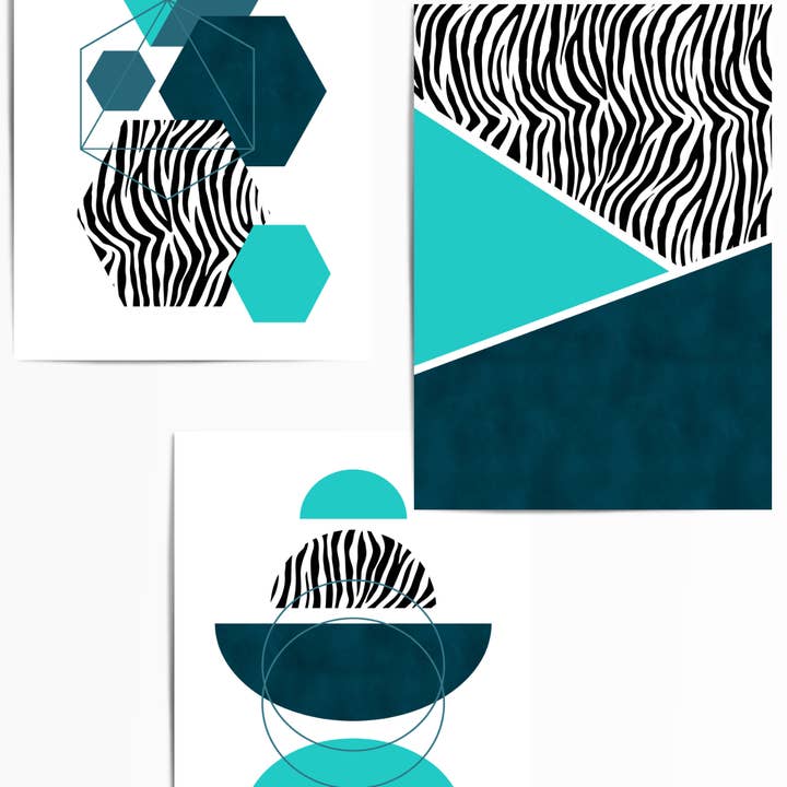 THE WALL HABITAT - Wholesale Gallery Wall Set - Turquoise and Teal Blue Zebra Print Set of 3 | Modern Geometric Wall Art