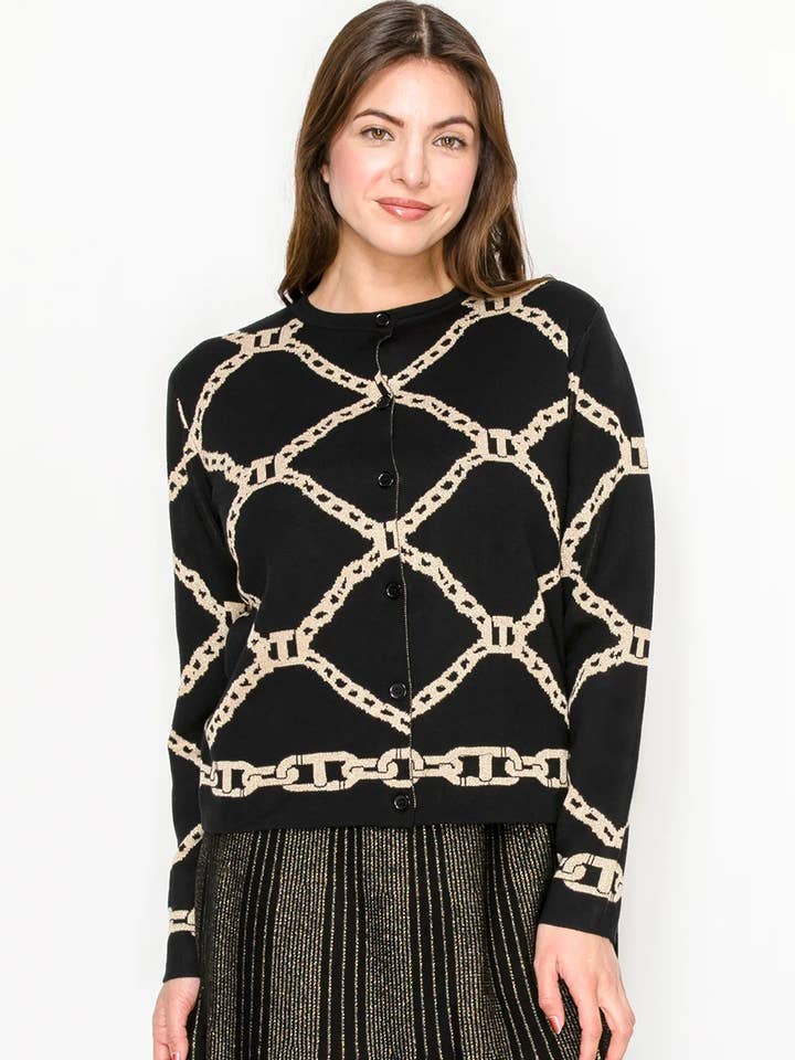 Cardigã com Botões e Estampa de Corrente Preta por atacado de Yal New York