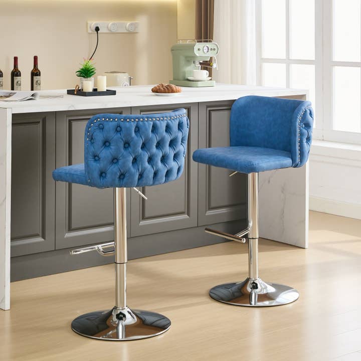 Swivel Barstools Adjusatble Seat Height With Chrome Base, Modern Pu Upholstered Bar Stools With The Whole Back Tufted, For Home Pub And Kitchen Island,Blue, Set Of 2 Blue American Design Bar Stools for wholesale by Orange County Decor