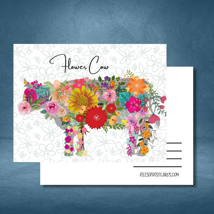 Cow Postcard with Flowers for wholesale by Piles of Postcards