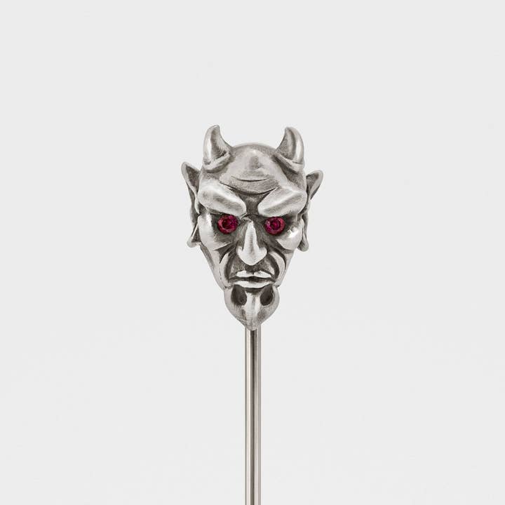 Devil Lapel Pin in Oxidized Silver with Ruby or Diamond Eyes for wholesale by Snake Bones