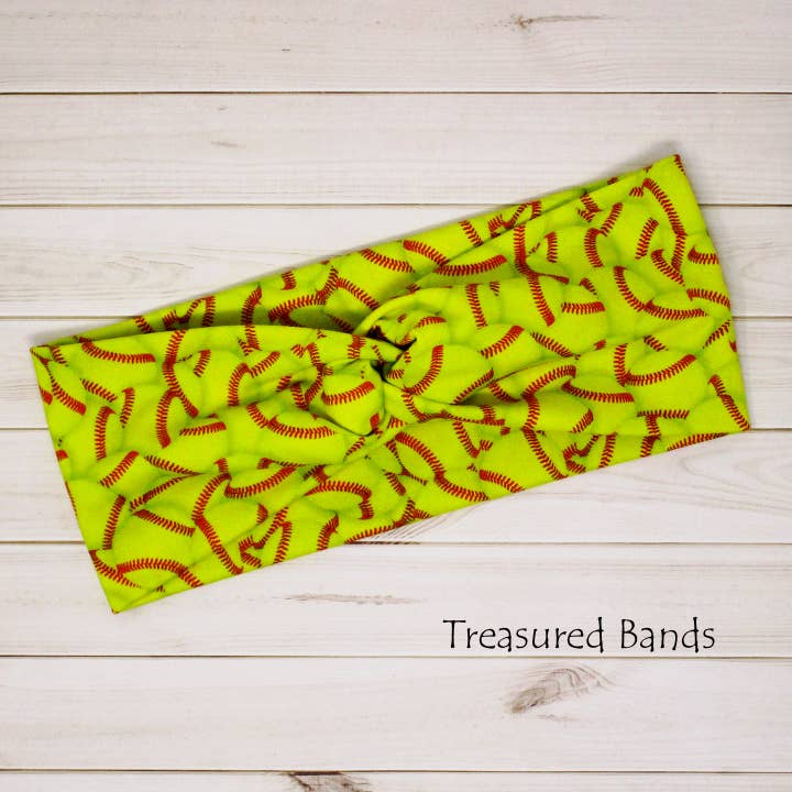 Treasured Haven - Wholesale Fashion Headband - Women's - Softball Team Sport Neon Yellow Print Knit Twist Headbands