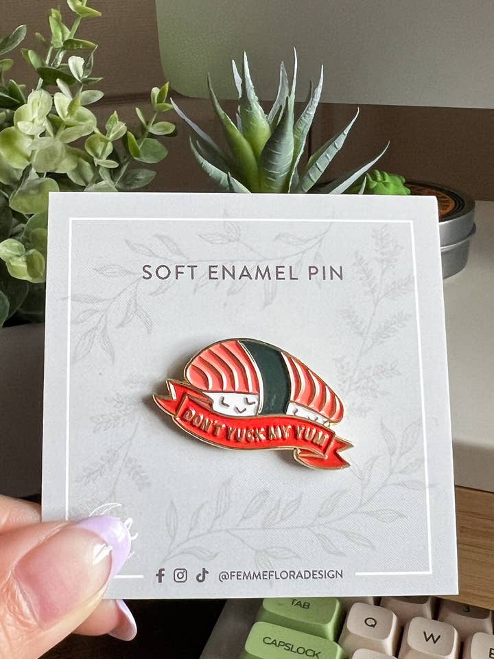 Don't Yuck My Yum Sake Sushi Nigiri Pastel Soft Enamel Pin for wholesale by Femme Flora Design