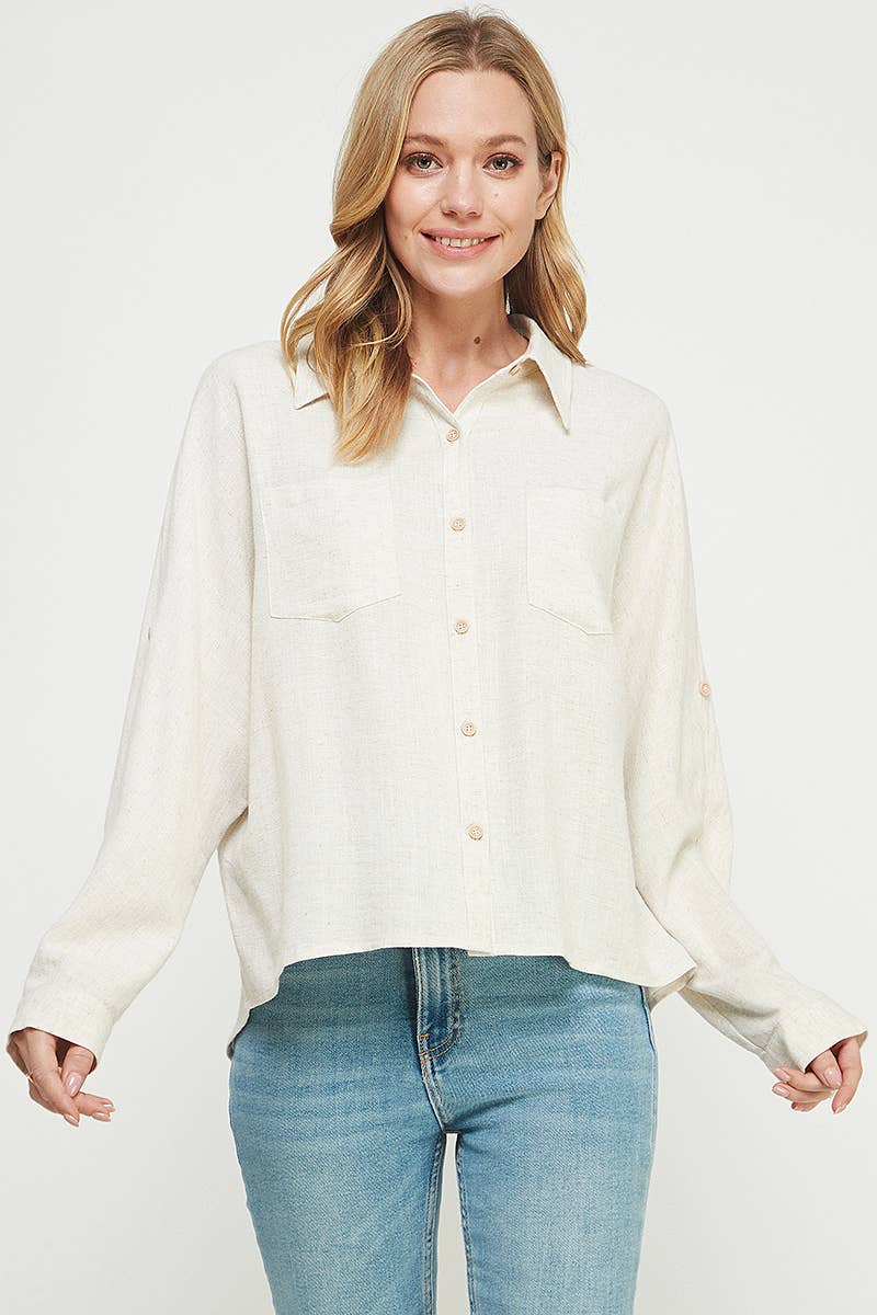 Allie Rose – Engroshandel Skjorte med buttondown – til kvinder – Linned Blend Dolman Knap Front Shirt4