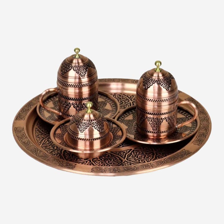 Cherchiee – Großhandel Tee-/Kaffeetasse – Handgemachtes türkisches Kupfer-Kaffeetassen-Set mit Tablett